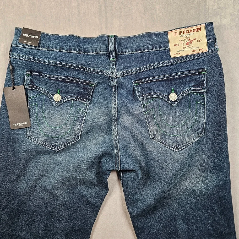 NEW True Religion Ricky Relaxed Straight Jeans Mens 38x34 Dark Wash Flap Pockets